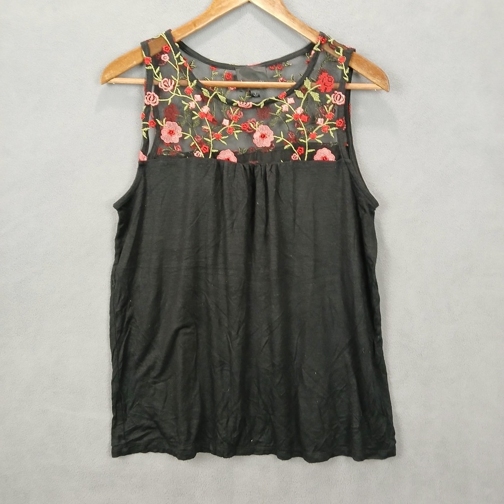 Lavender Sky Tank Top Womens Large Black Floral Embroidered Stretch‎ Modern